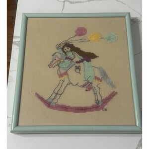Vintage Handmade Rocking Horse Cross Stitch Needlepoint Framed Picture Wall Art